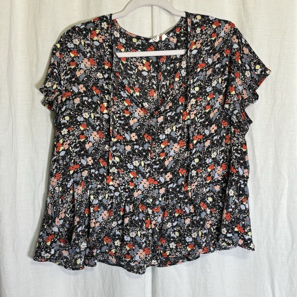 Gap Women's floral Semi Sheer Blouse Top Shirt chiffon blue L peplum ruffle